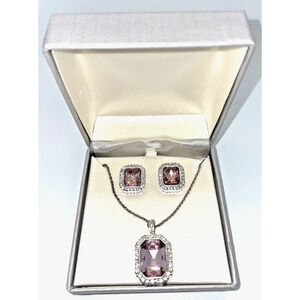 Necklace Set with Earrings Silvertone Faux Diamond Pink Gem Fashion Jewelry